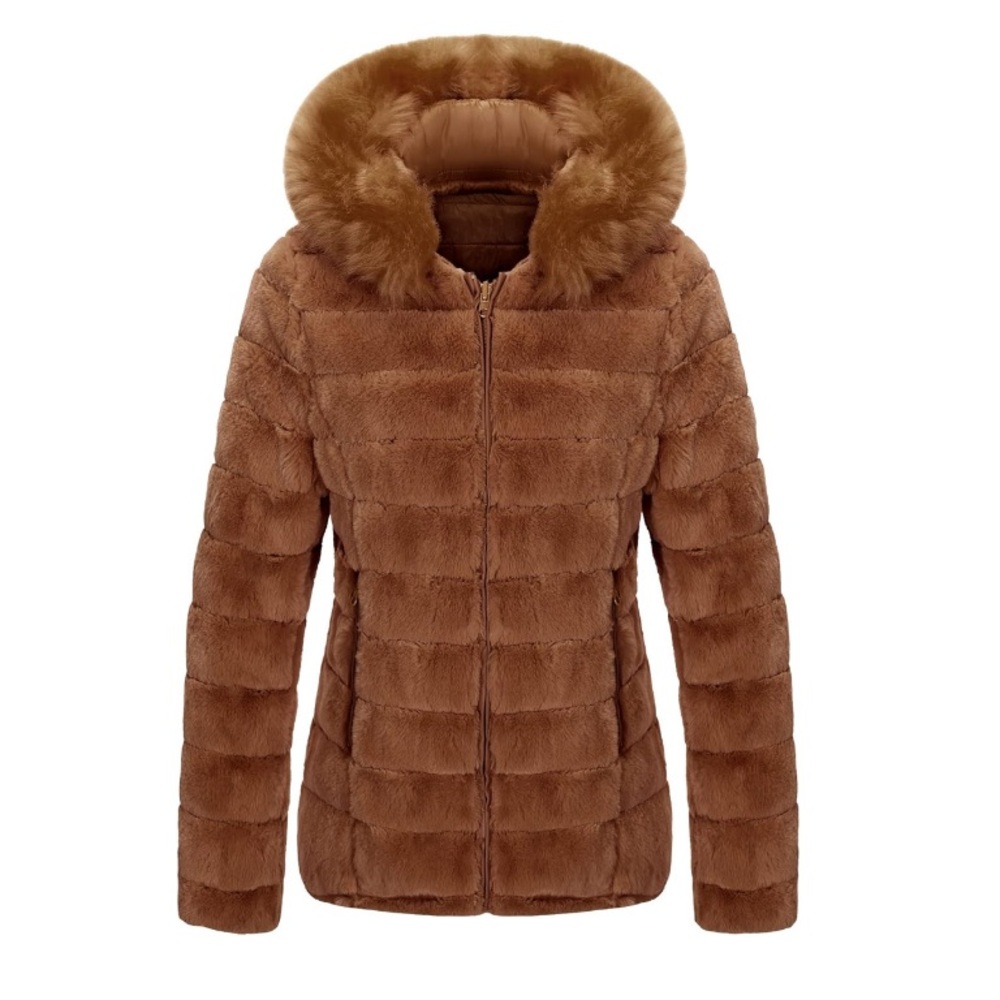 Camel Double Sided Faux Fur Puffer Jacket Hooded-Fur